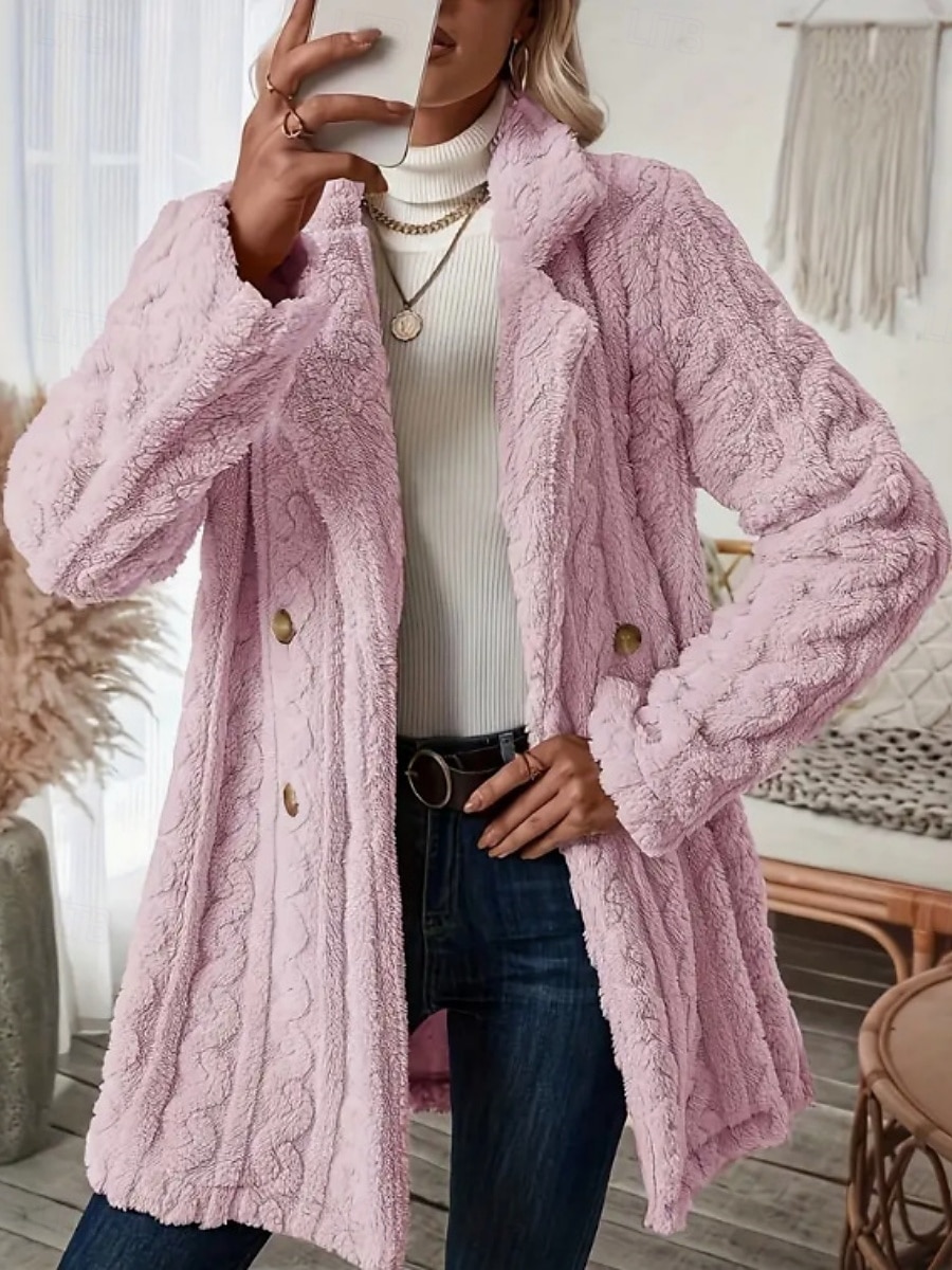 Dames Fleecejack Teddy jas Houd Warm Ademend Zak Met fleece gevoerd Casual Effen Vakantie Straat Casual Alledaagse kleding Dubbele rij knopen Lang Ingesneden revers Normale pasvorm Lange mouw 2025 - $44.99 –P10