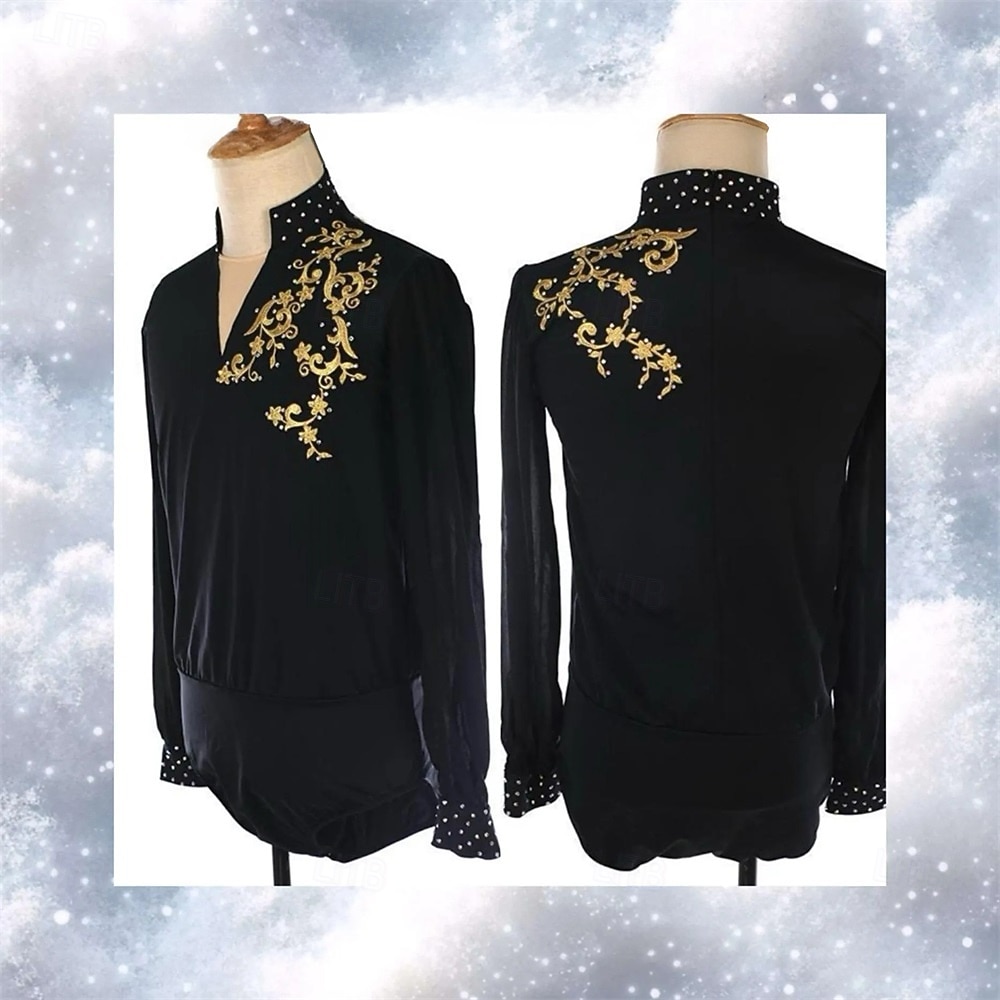 Figure Skating Top Men's Boys' Ice Skating Tops Black Patchwork Spandex High Elasticity Training Competition Skating Wear Classic Crystal / Rhinestone Long Sleeve Ice Skating Figure Skating 2025 - $338.09 –P2