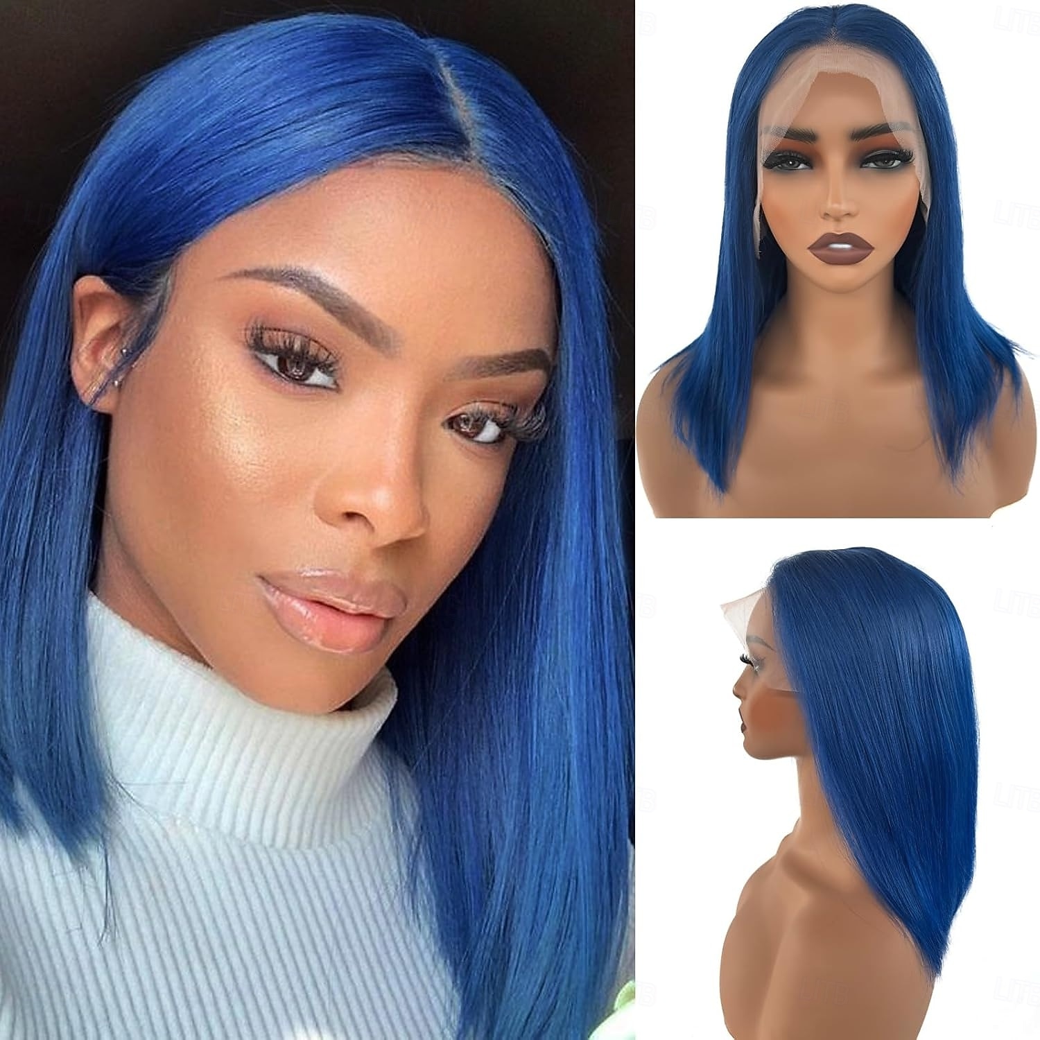 parrucca corta in pizzo bobo blu# con capelli umani 13*4, capelli umani lisci, densità 150% per donne nere del 2025 a $150.99 –P6