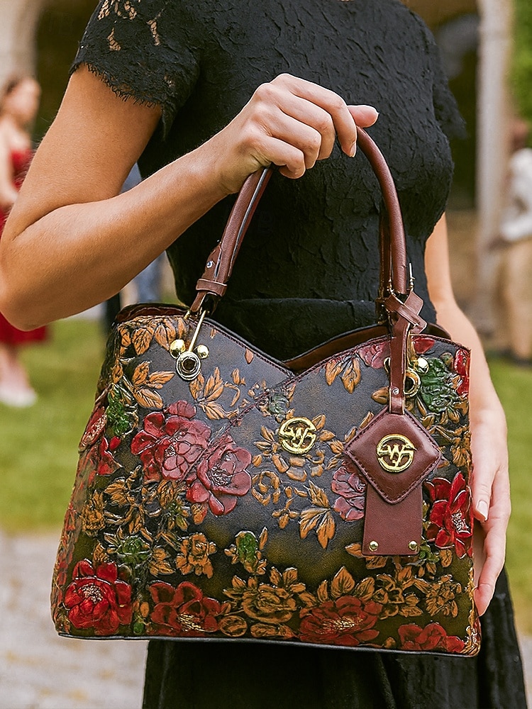 תיק יד וינטג' לנשים מעור דמוי עור עם עיצוב פרחוני מובלט - תיק כתף רטרו אלגנטי לנשים, חתונות, מסיבות ואירועים רשמיים 2026 - $79.99 –P2