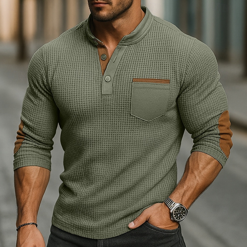 Herren Waffel-T-Shirt Waffel-Henley-Hemd Langarm Stehkragen Frühling & Herbst Ganzjahres Einfarbig Mode Basic Lässig Taschen Falscher Zweiteiler Straße Lässig Sport Schwarz Marineblau Armeegrün Top 2025 - $21.99 –P2