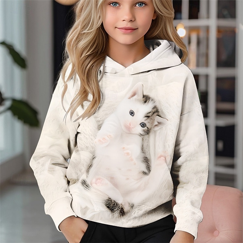 Flickor 3D Katt Huvtröja Långärmad Höst Vinter Mode Förtjusande Grundläggande Barn 4-12 år Huva Utomhus Ledigt Dagligen Normal 2025 - $18.99 –P3