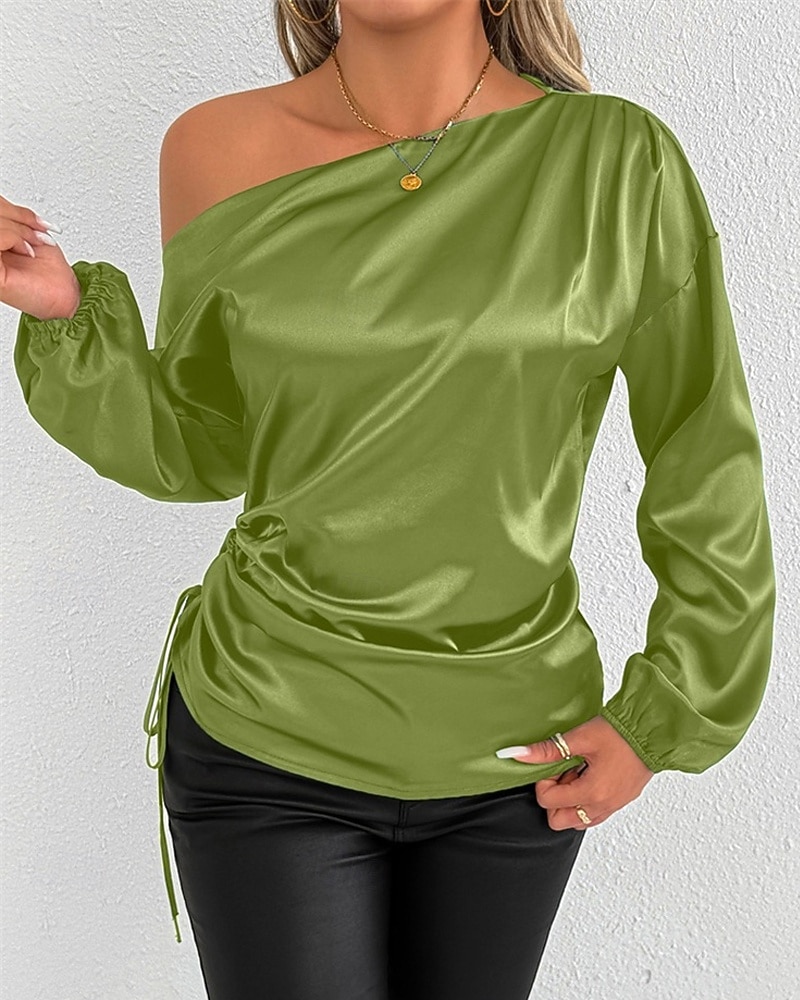 Mulheres Camisa Social Elegant Elegante Top de cetim Assimétrico Tecido à moda Casual Manga Longa ombro frio Tops regulares Diário Para Noite Preto Verde Primavera Outono de 2026 por $28.99 –P7