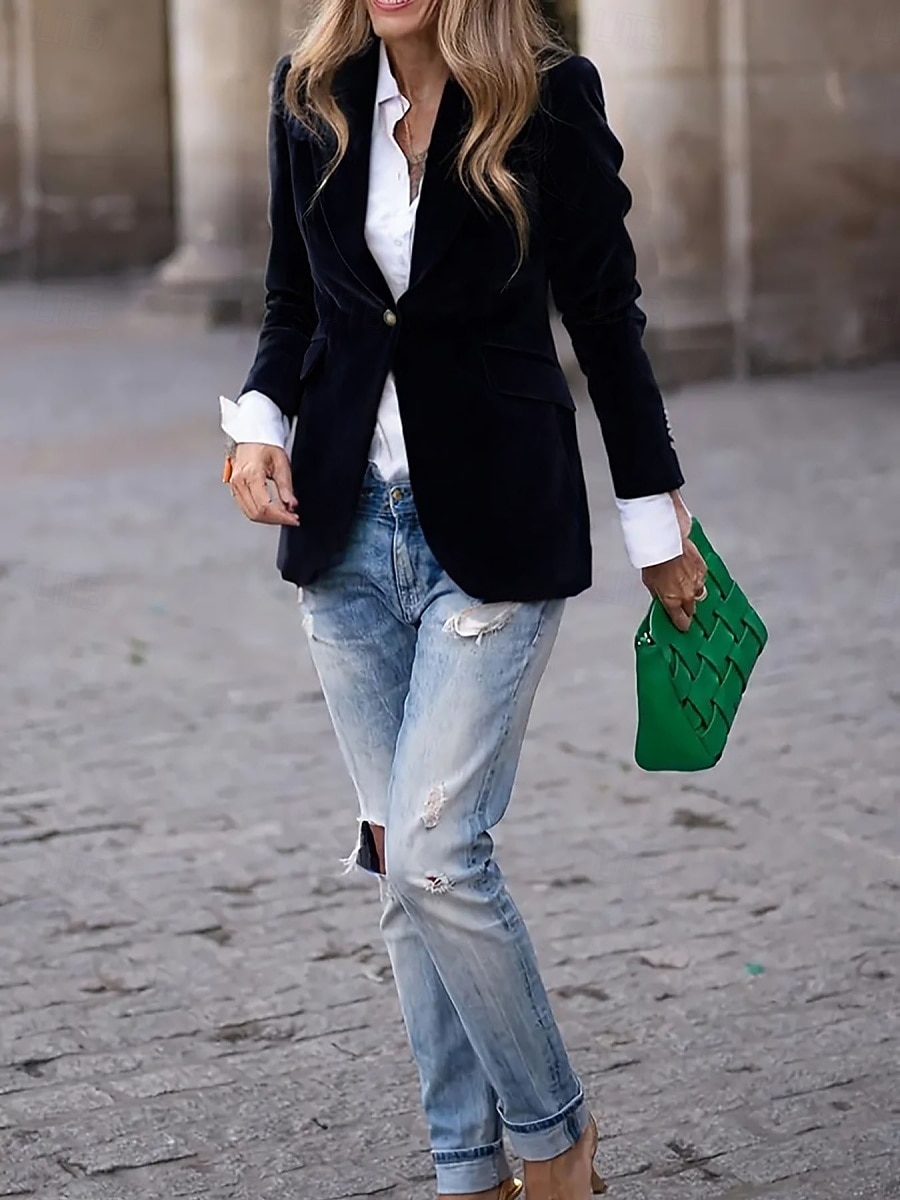 Women's Blazer Comfortable Breathable Pocket Casual Plain Office Street Casual Daily Wear Single Breasted Regular Turndown Regular Fit Long Sleeve Outerwear Navy Black Wine Spring Fall 2026 - $39.99 –P12