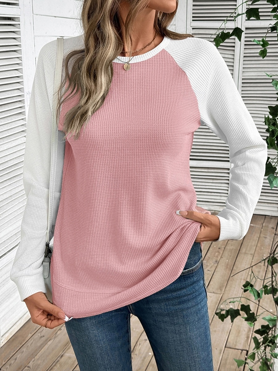 Dame T skjorte Fargeblokk Mote Stilfull Klassisk Langermet Rund hals Vanlige topper Daglig Helg Rosa Himmelblå Kakifarget Grå Vår Høst Vinter 2025 - $25.99 –P9