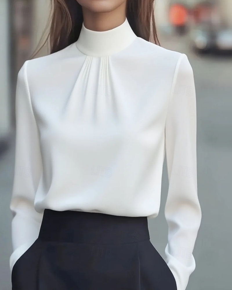 Women's Shirt Dressy Blouse Plain Elegant Stylish Long Sleeve High Neck Regular Tops Work Holiday Going out Ruched Black White Purple Khaki Spring Fall 2025 - $21.99 –P2