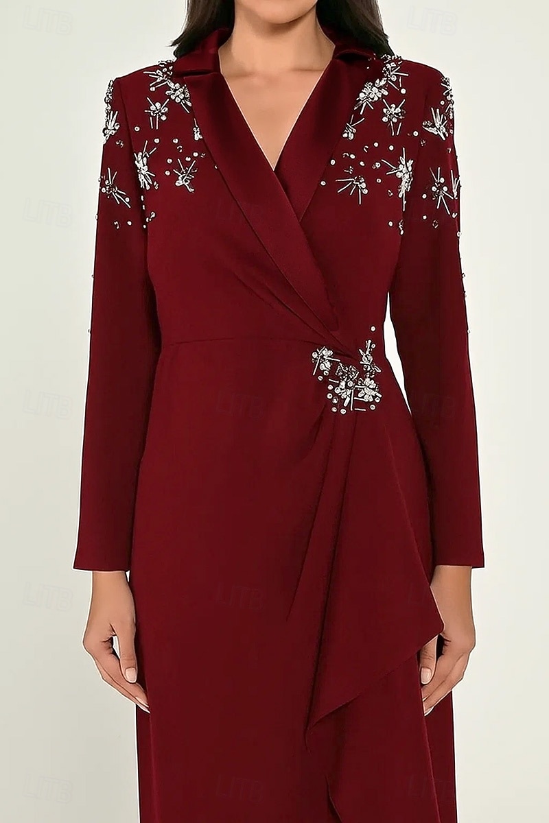 Rochie smoking cu imprimeu floral, tip coloană, cu cristale, model formal, pentru invitați de nuntă, rever din satin, crep elastic, mânecă lungă, guler cu rever crăpat și volane 2025 - $179.99 –P4