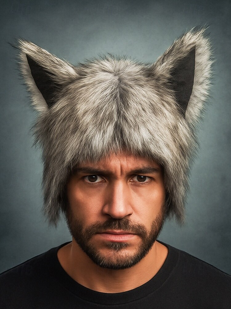 мужская шапка с волчьими ушками на Хэллоуин – пушистая полиэстеровая плюшевая шапка для костюмированной вечеринки, вечеринки и зимнего ношения 2025 - $14.99 –P1