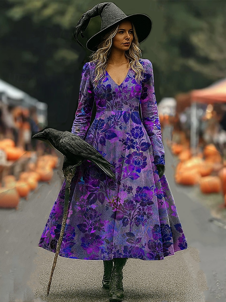 Halloween dámské šaty maxi s potiskem čarodějnice A-line šaty dovolená běžné boho pláž normální střih květinová grafika dlouhé rukávy V výstřih červená modrá fialová oranžová jaro podzim 2025 - $33.99 –P1
