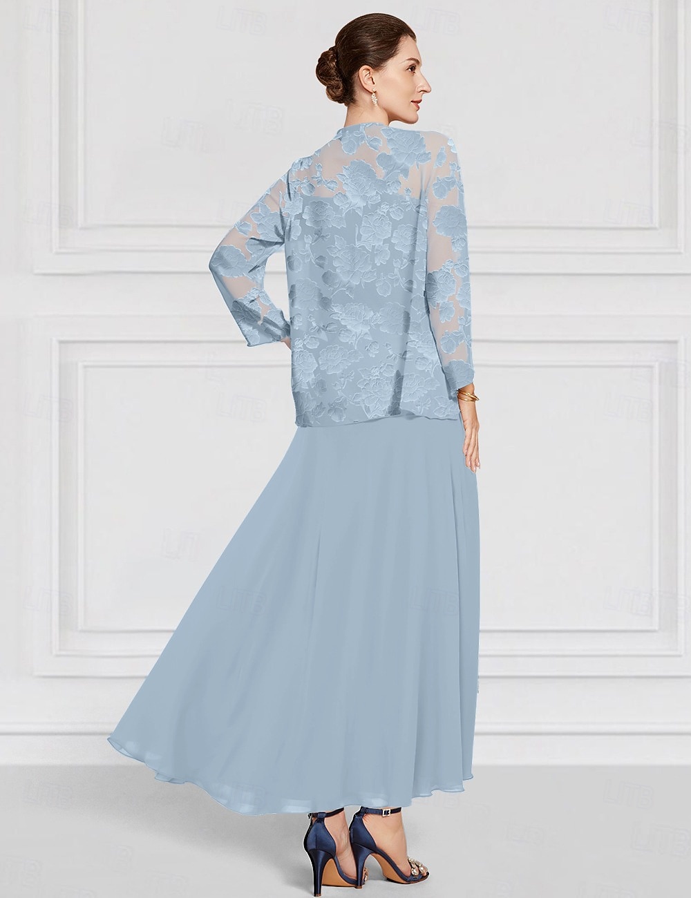 Из двух частей А-силуэт В пол Свадебное платье для гостей Платье для матери невесты Рукав 3/4 Вырез лодочкой Элегантный стиль Простой минималист Официальные Свадебный гость Шифон с Кружева 2026 - $157.99 –P2