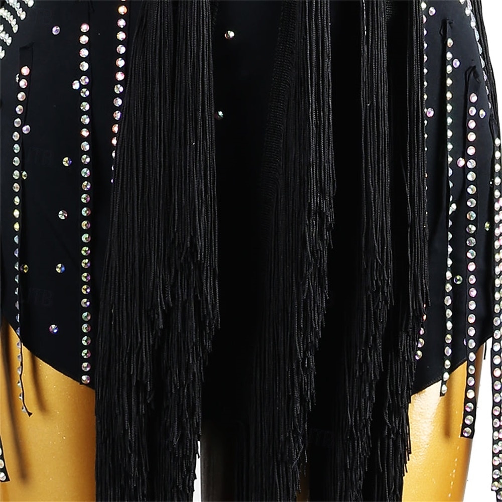 Women's Black Fringe Latin Dance Dress with Rhinestone Detailing, Sleeveless, and Crisscross Straps – Perfect for Salsa, Rumba, and Performance Wear 2026 - $222.79 –P8