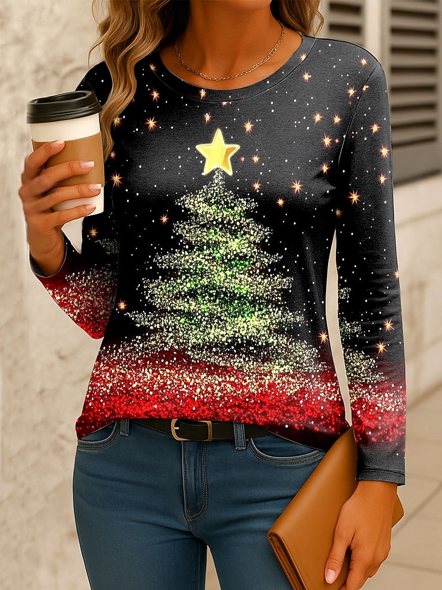 Noël Femmes T-shirt Graphique Arbre de Noël ancien Mode Élégant manche longue Col ras du cou Hauts Réguliers Quotidien Week-end Imprimé Jaune Rose Claire Rouge Bleu Vert Printemps Automne Hiver de 2025 ? $26.99 –P1