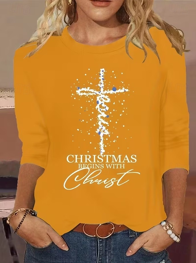 Noël Femmes T-shirt Graphique Lettre Croix ancien Mode Élégant manche longue Col ras du cou Col rond Hauts Réguliers Quotidien Week-end Imprimé Noir Jaune Rouge Bleu Printemps Automne Hiver de 2025 ? $26.99 –P6