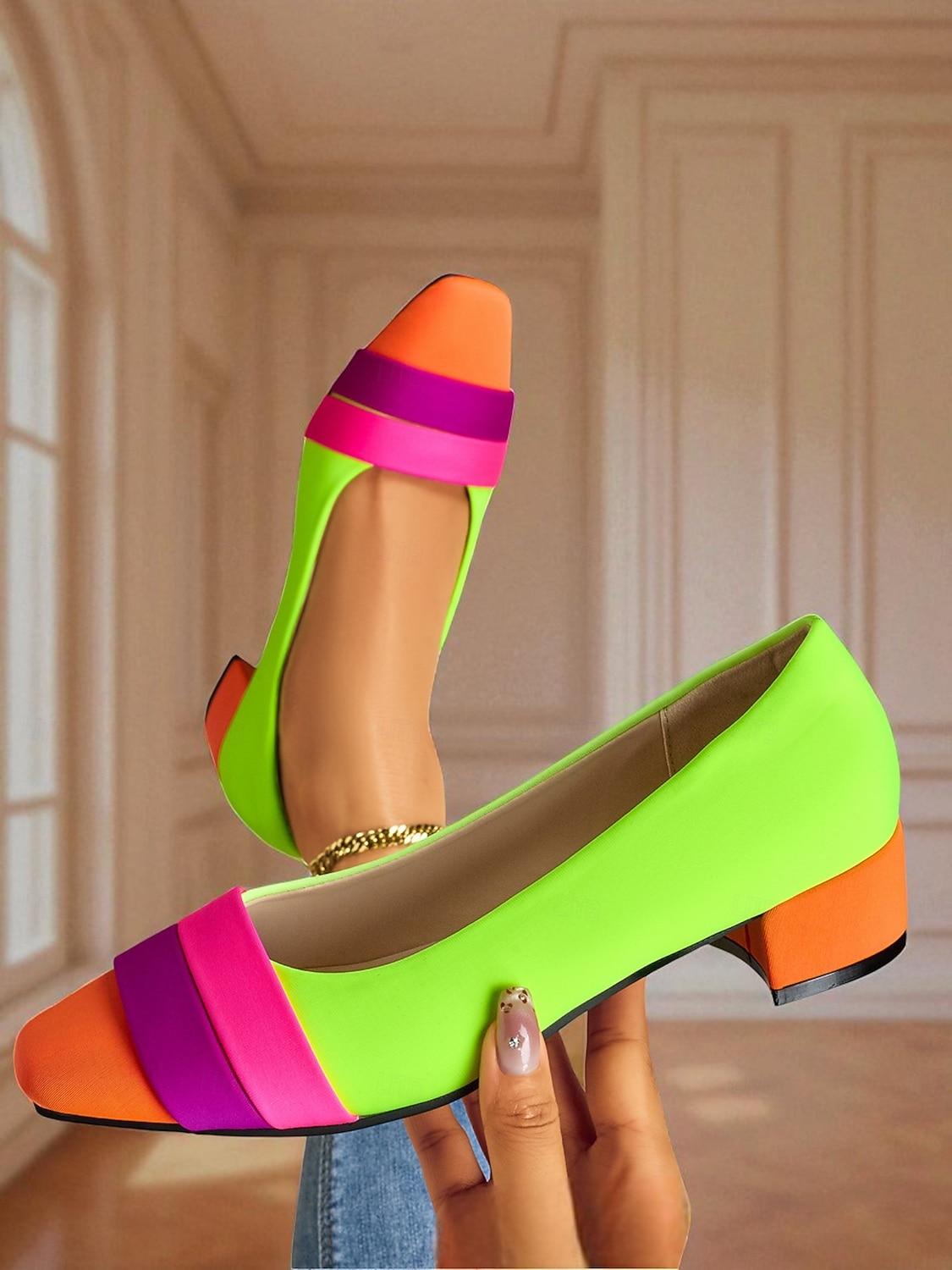 décolleté da donna con tacco basso e punta quadrata color block - comode scarpe slip-on in stile retrò anni '80 per lo streetwear alla moda e le uscite casual del 2025 a $42.99 –P2