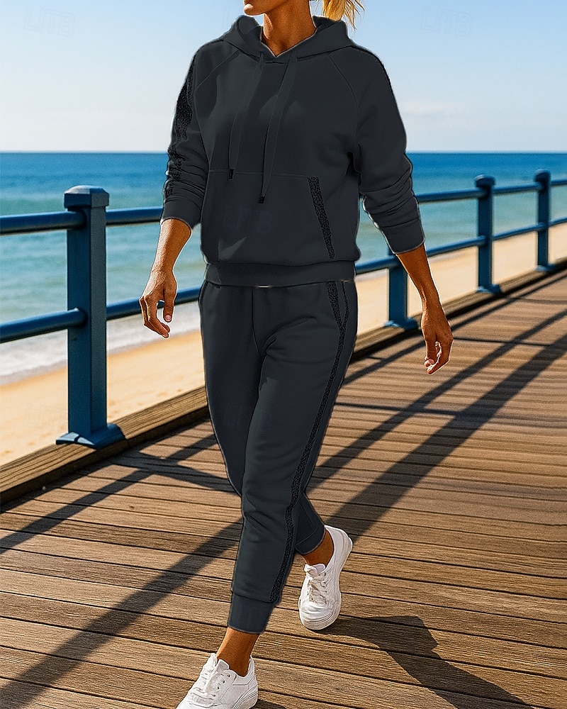 Mulheres Agasalho de 2 peças Moletom Lounge Hoodie Conjuntos de moletom Bolsos Cor Sólida Conjuntos Outono Preto Branco Exterior Viagem Esportivo Pavio Humido Manga Longa Esporte Roupas Esportivas de 2026 por $36.99 –P4