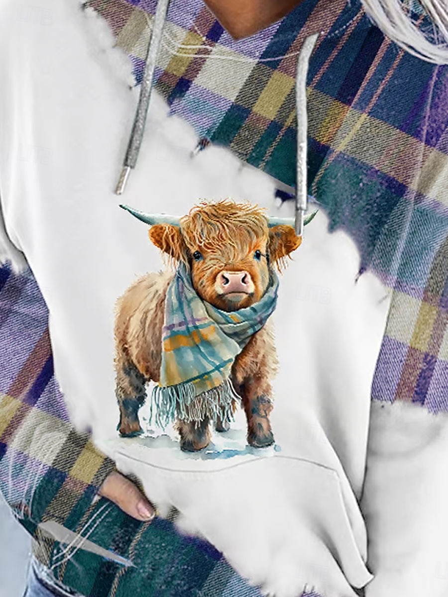 Femmes Sweat à capuche Graphique Plaid Vache Occasionnel manche longue À capuche Hauts Réguliers Tenue de soirée Rue Tenue Quotidienne Violet Vert Printemps Automne Hiver de 2025 ? $27.99 –P3