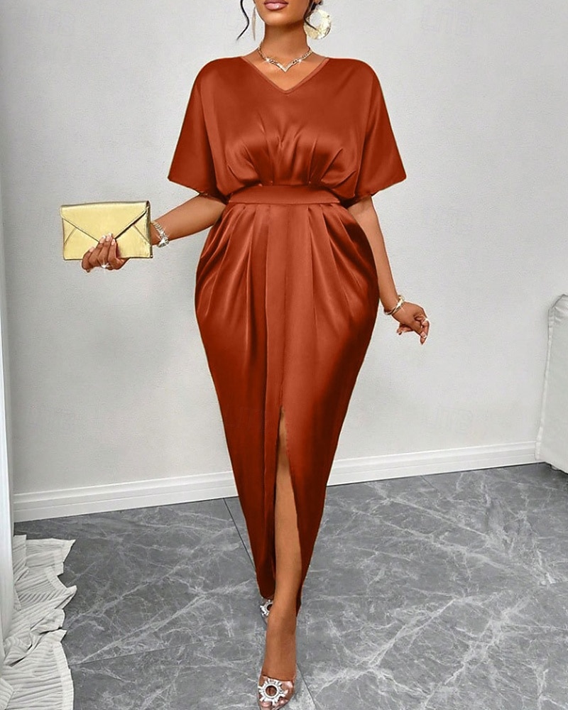 Femmes Robe Longue Maxi Robe Robe de Soirée Robe de Cocktail Robe en Satin Élégant Moderne Soirée Coupe régulière Uni Manche Courte Col en V Noir Jaune Bleu Roi Vert foncé Automne Hiver de 2025 ? $34.99 –P17
