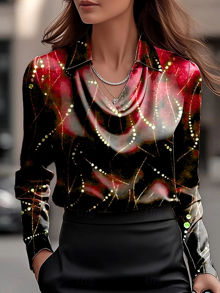 Mujer Camisa Frunce En Cortina Ombre Graphic Geométrico Elegante Casual Manga Larga Cuello vuelto holgado Tops regulares Diario Trabajo Ropa de fiesta de noche Azul Piscina Vino Morado Otoño Invierno 2026 - $32.99 –P2
