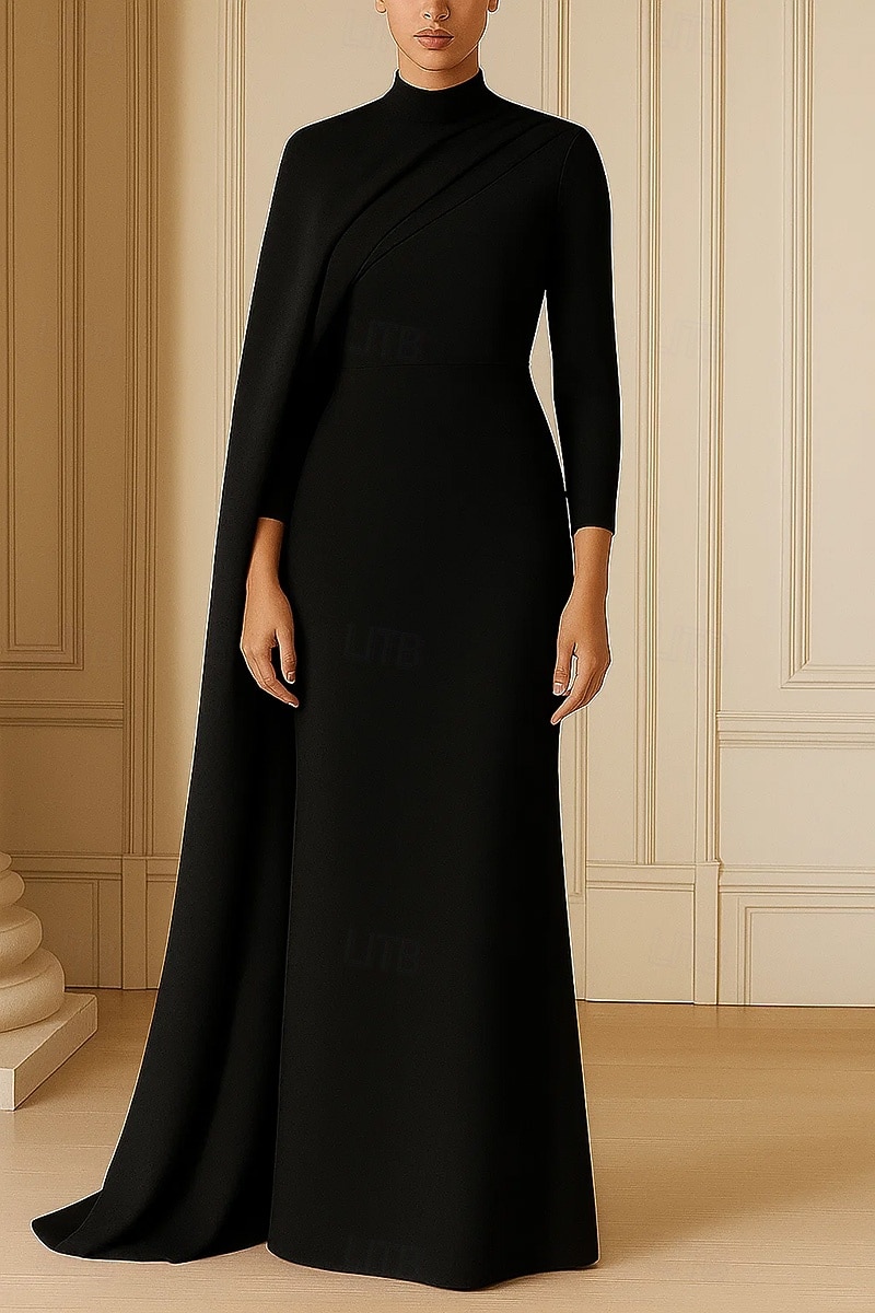Robe de soirée fourreau/colonne, cape amovible, élégante, robe de soirée, traîne de mariage, manches 3/4, col haut, crêpe extensible avec fronces, 2025 de 2025 ? $139.99 –P5