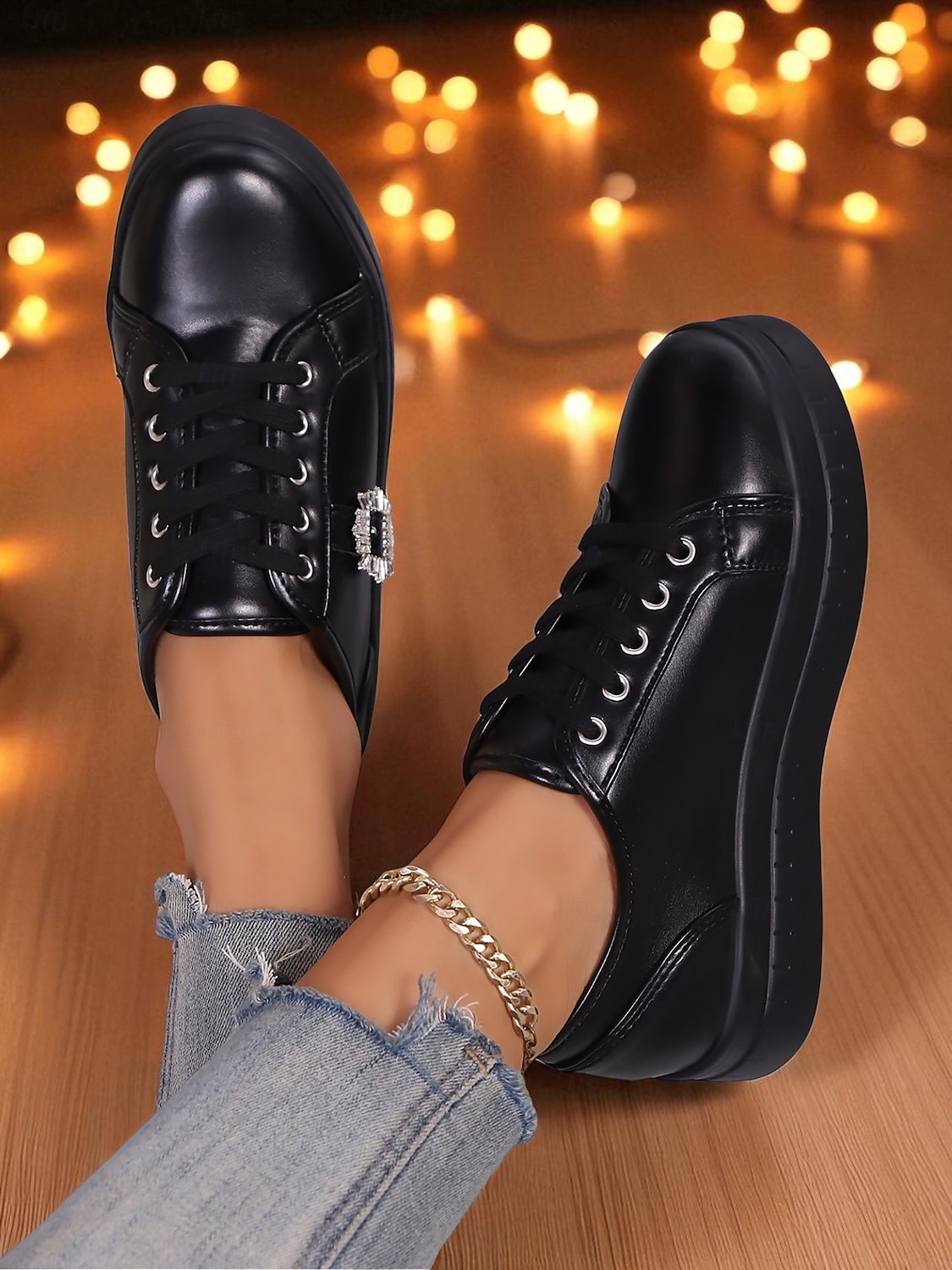 Women's Silver Metallic Lace-Up Sneakers with Rhinestone Buckle - Fashion Casual Shoes for Nightlife Parties and Club Outfits 2026 - $29.99 –P3
