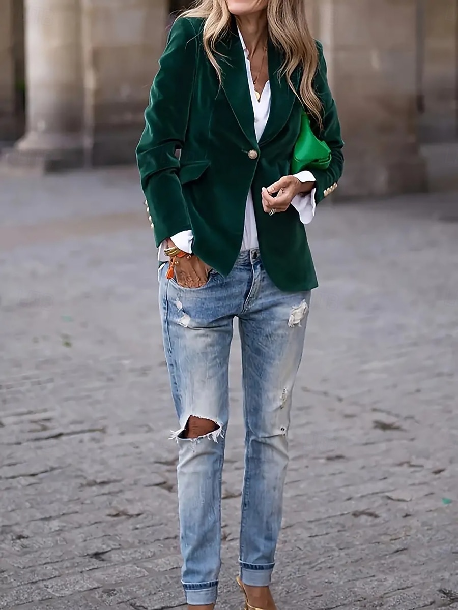 Women's Blazer Comfortable Breathable Pocket Casual Plain Office Street Casual Daily Wear Single Breasted Regular Turndown Regular Fit Long Sleeve Outerwear Navy Black Wine Spring Fall 2026 - $39.99 –P3