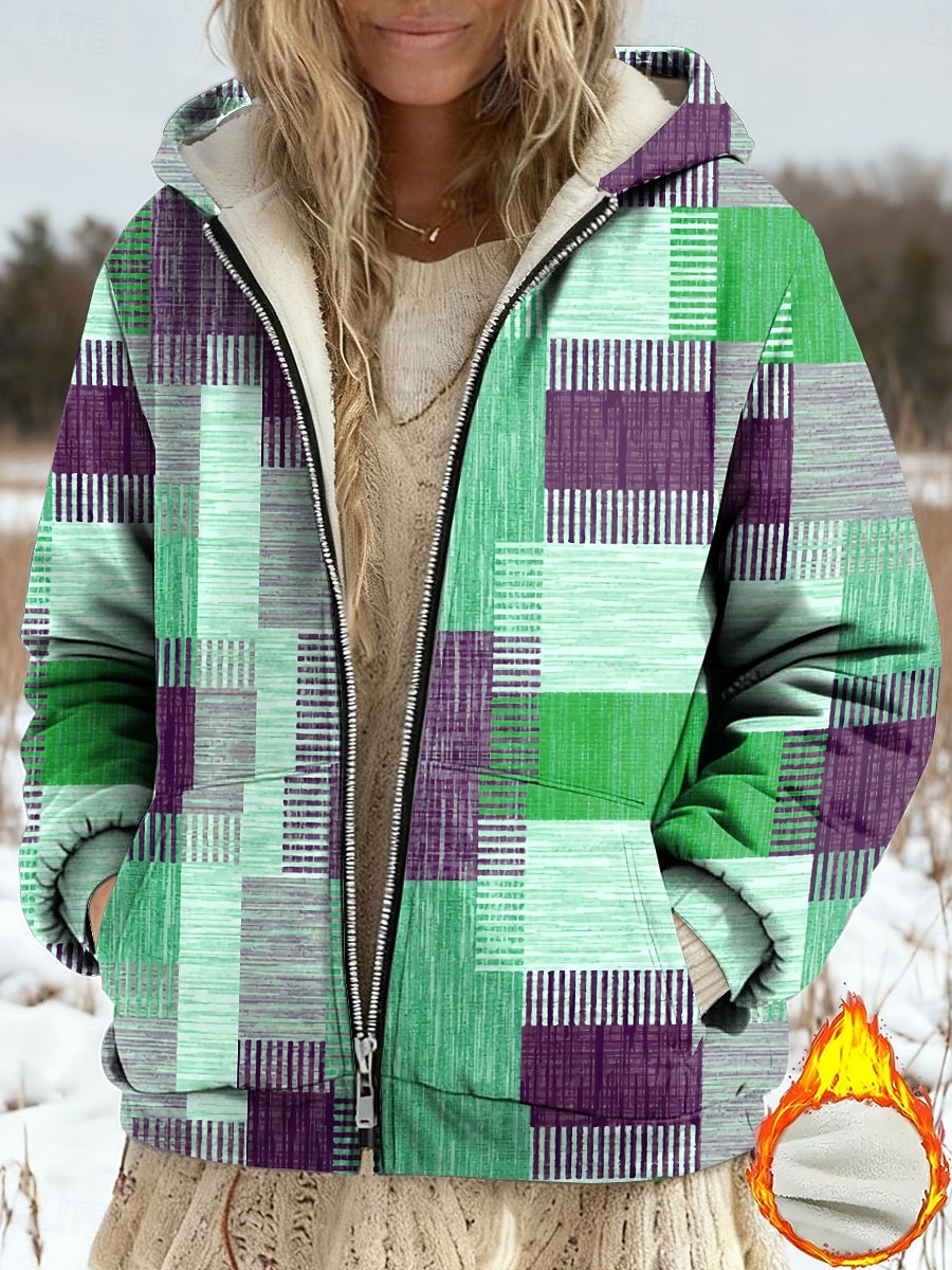 Casaco de Inverno Feminino Jaqueta de Fleece Forrado com Fleece Jaqueta Casual Quente Bolso com Zíper Impressão Moda Casual Geométrica Rua Casual Ajuste Regular Capuz Manga Longa Roupas Externas de 2025 por $47.99 –P3