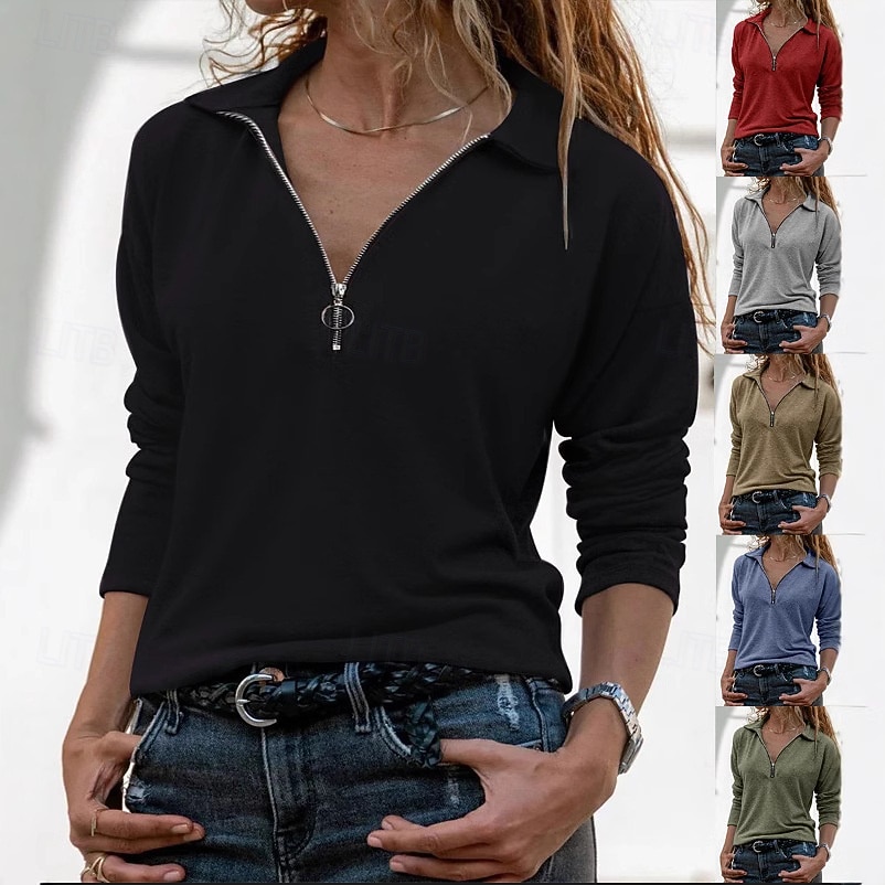 Per donna Tunica Zip a un quarto Tinta unica Elegante Vintage Essenziale Manica Lunga Girocollo Top Regolari Quotidiano Blu Nero Rosso Verde Cachi Primavera Autunno del 2026 a $27.99 –P8