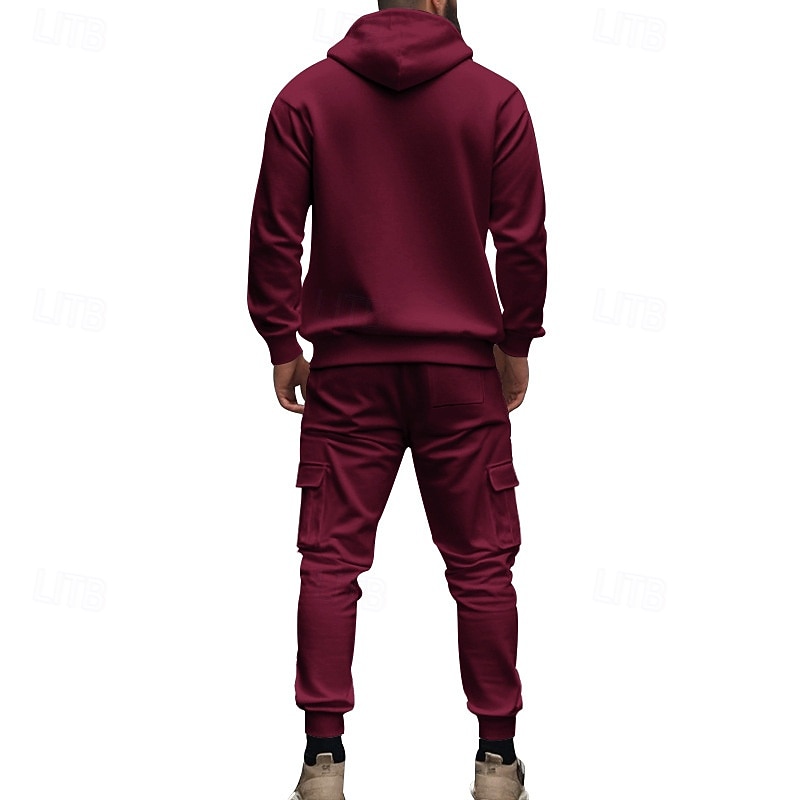 Homme Ensemble Survetement Ensemble de tenues Ensemble de sweats à capuche Sweat à Capuche Extérieur Quotidien Sports Cordon de serrage Avec Poches Uni Rouge vin Noir Blanche Polyester Tenues de Sport de 2026 ? $57.99 –P15