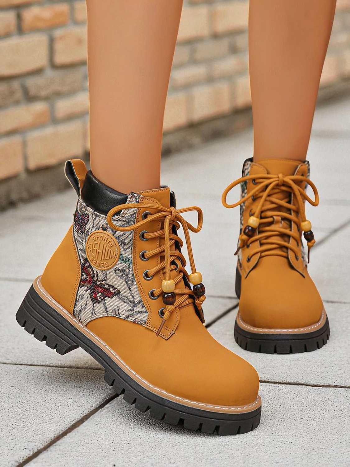 Botas femininas amarelas com cadarço e painéis de tecido jacquard – calçados estilosos para caminhadas, ideais para outono, inverno e looks casuais para atividades ao ar livre de 2025 por $34.99 –P3