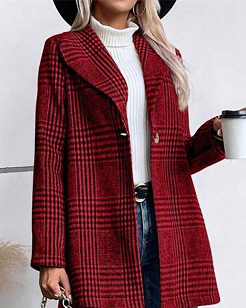 Women's Blazer Comfortable Buttons Elegant Fashion Outdoor Lattice Going out Casual Daily Weekend Single Breasted Regular Lapel Regular Fit Long Sleeve Outerwear Red Camel Gray Spring Fall 2026 - $31.99 –P6