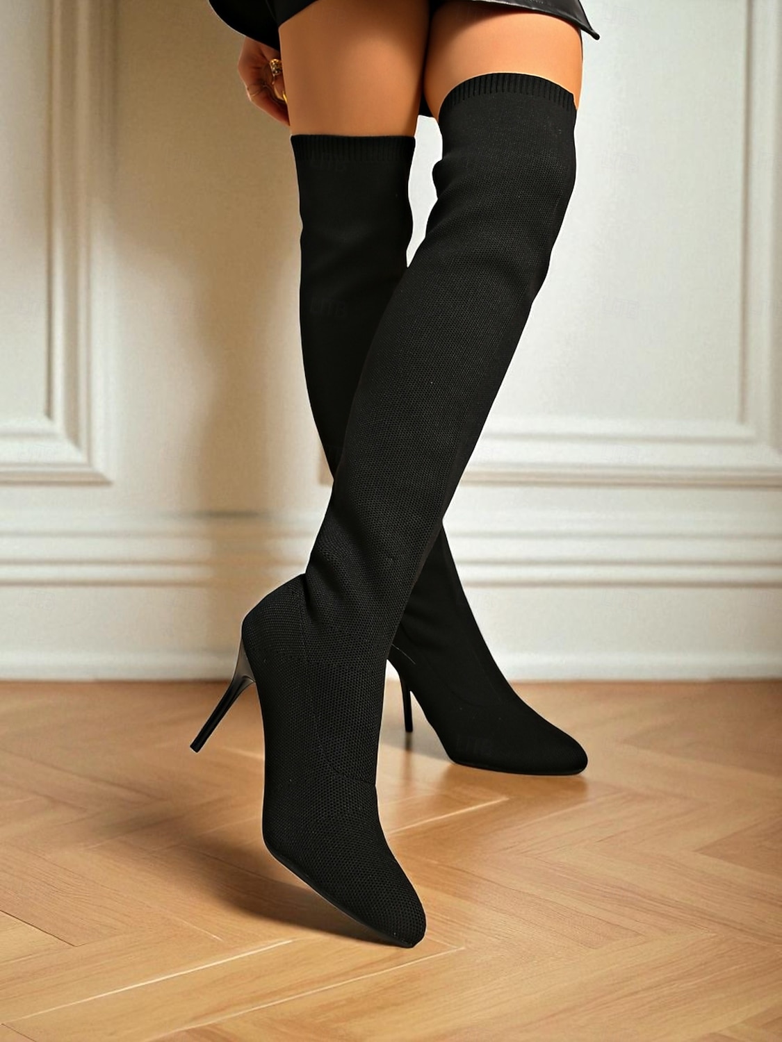 מגפי אופנתיים שחורים סריג מעל הברך עם עקב סטילטו לנשים - מגפיים אלגנטיים נמתחים עד הירכיים למסיבות ערב, מועדונים ואירועים רשמיים 2026 - $46.99 –P1