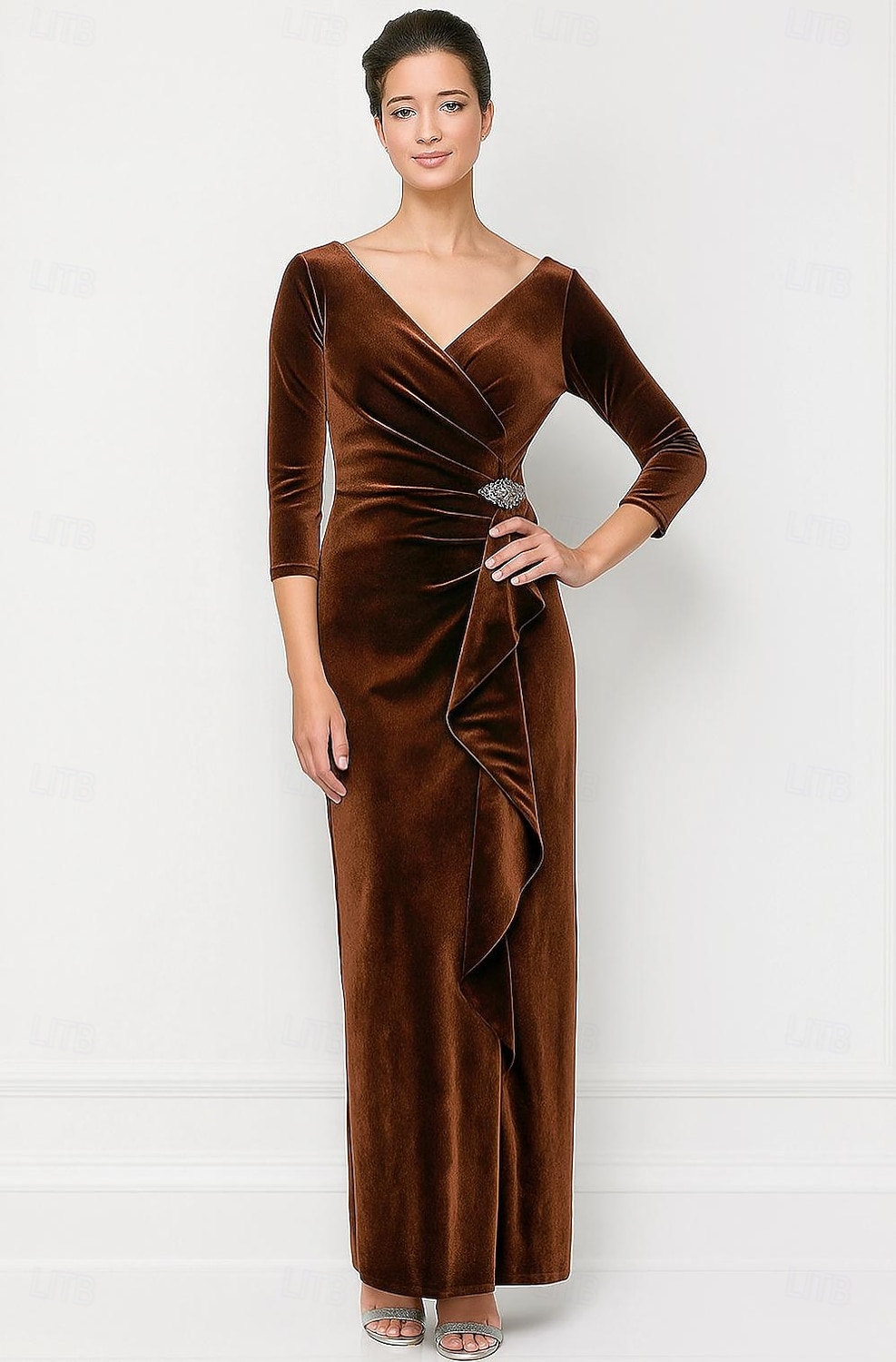 brown velvet wedding guest dress Capri A-Line Off The Shoulder Velvet Wedding Guest Dresses, Orange main image 1
