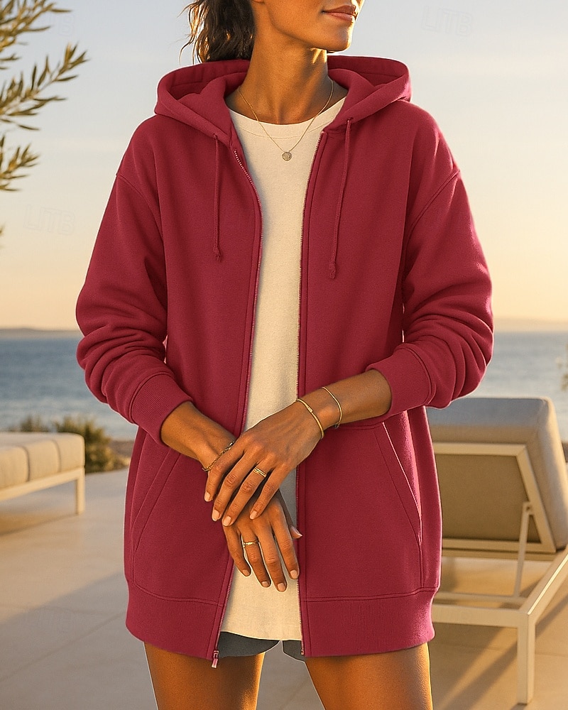 Damen Hoodie Sweatshirt Kapuze Lounge-Mantel mit Reißverschluss