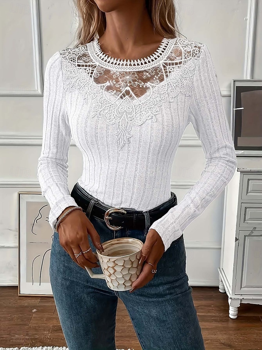 Per donna Blusa Pizzo Patchwork Tinta unica Elegante Essenziale Casual Manica Lunga Girocollo Top Regolari Quotidiano Nero Bianco Rosa Viola Grigio Primavera Autunno Inverno del 2026 a $21.99 –P5