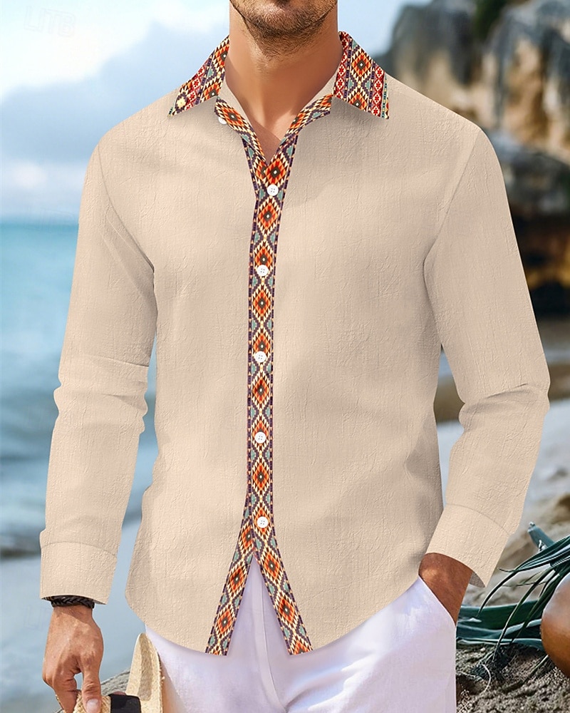 Herren Hemd Sommerhemd Freizeithemd Strandhemd Knopfhemd Schwarz Weiß Marineblau Kaki Leicht Blau Langarm Argyle Revers Urlaub Hawaiianisch Patchwork Bekleidung Leinen Mode Lässig Bequem 2025 - $22.99 –P11