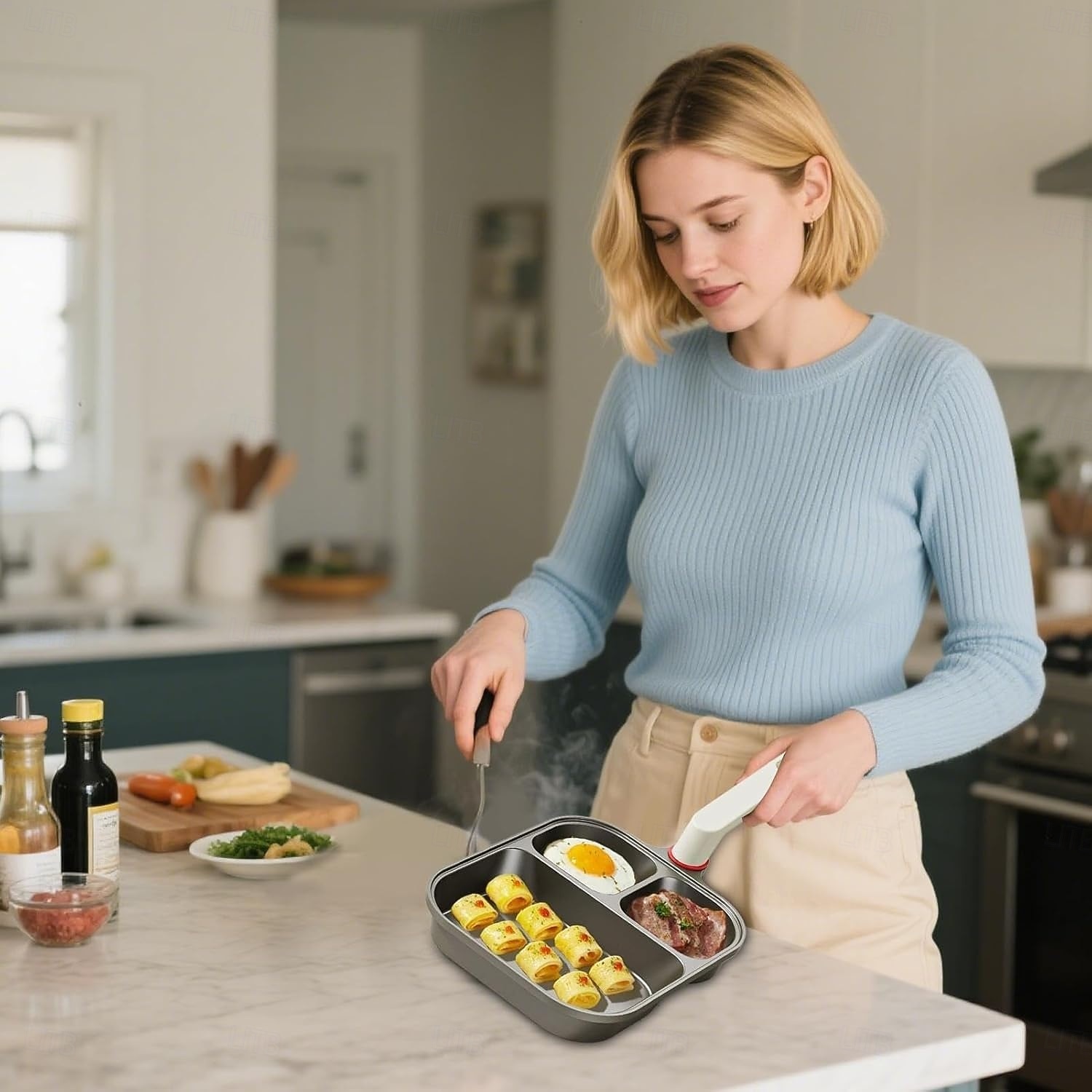 Poêle antiadhésive 3 en 1 en alliage de titane avec poignée surélevée anti-brûlure, grattoir et brosse à huile, poêle à petit-déjeuner, marmite à hamburger, poêle à petit-déjeuner multi-sections, gril de 2026 ? $33.99 –P4