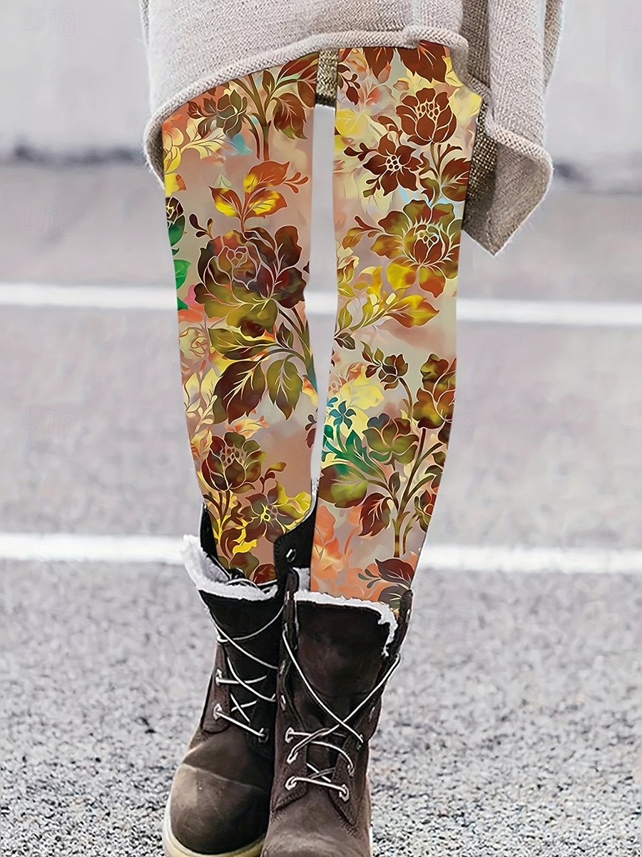Mulheres Leggings Vintage Moda Roupa de rua Comprimento total Cintura Alta Floral Gráfico Estampado Térmico / Quente Macio Respirável Com Stretch Férias Rua Preto Amarelo Laranja Verde Primavera de 2026 por $21.99 –P4