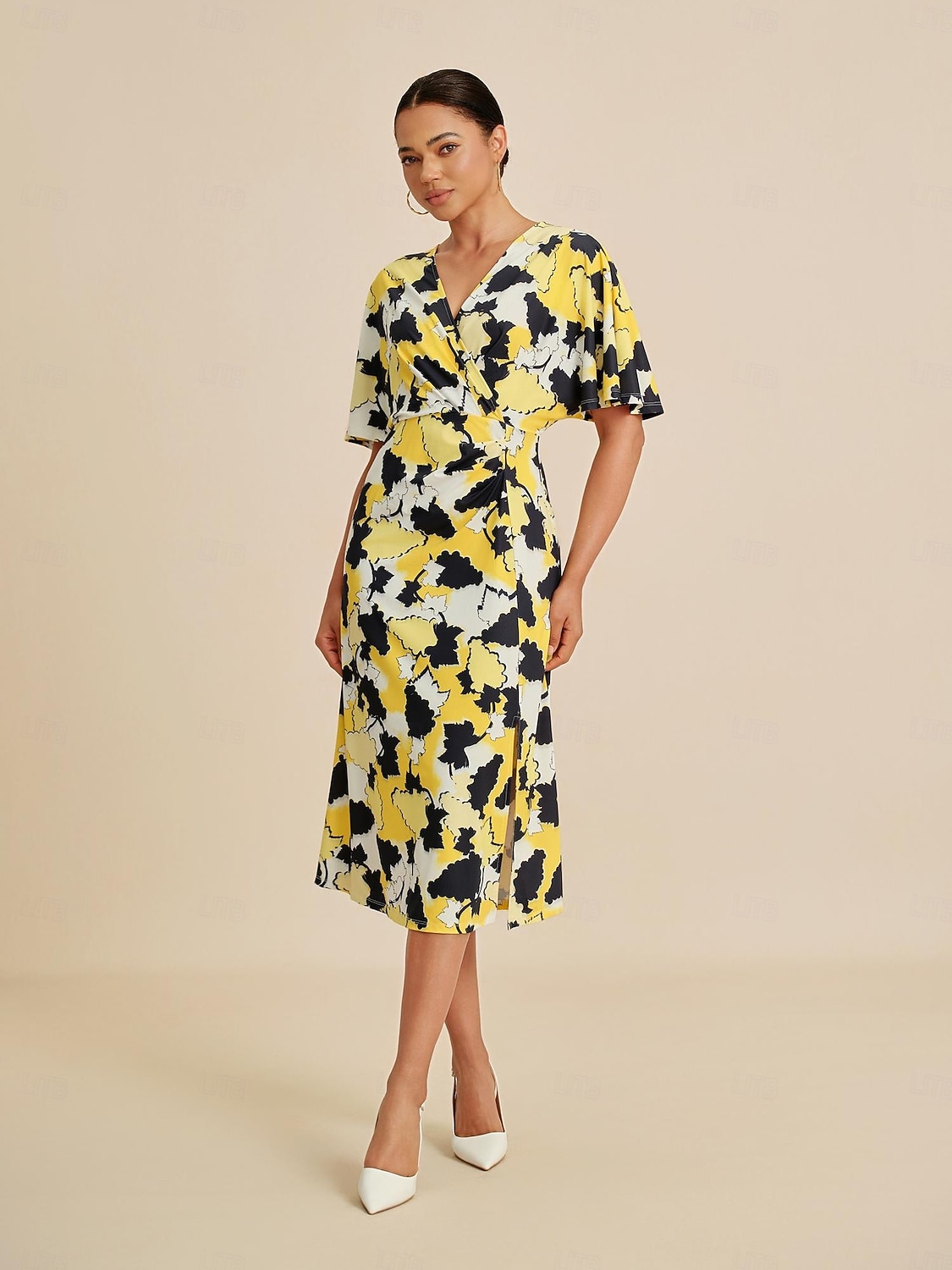 Femminile Abito Elegante Abito Midi Giallo Manica Corta Astratto Estate Primavera Autunno Scollo a V Elegante Abito elegante S M L del 2025 a $86.99 –P6