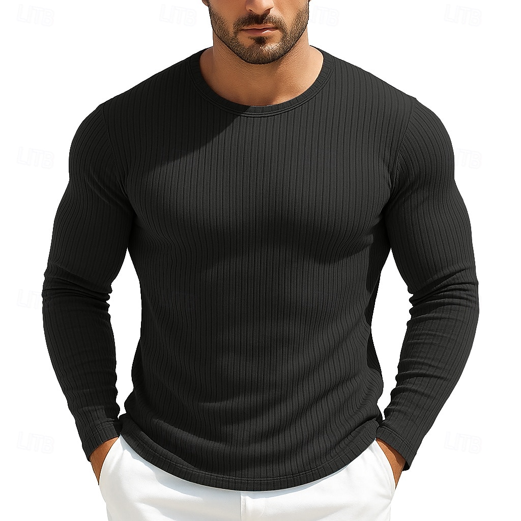 Men's T Shirt Ribbed Knit tee Tee Top Long Sleeve Shirt Long Sleeve Crew Neck Spring Fall All Seasons Plain Textured Pit Strip Fashion Designer Basic Knitting Casual Vacation Street Purple Top Tee 2026 - $20.99 –P7