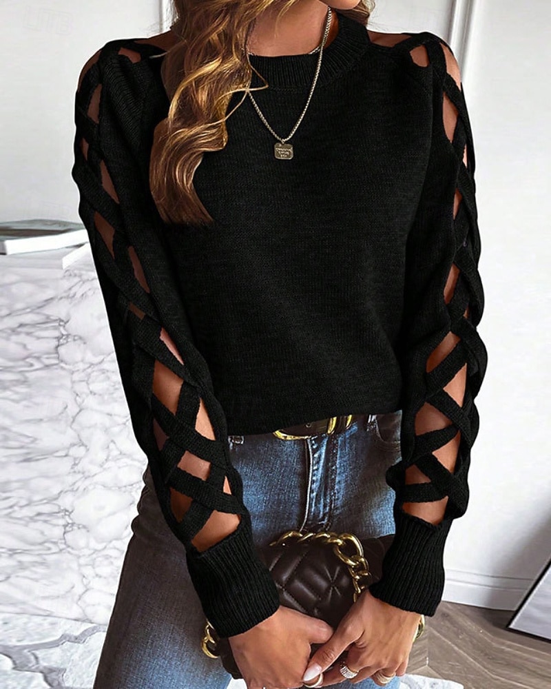 Dame Genser Gatemote Fritid Helfarge Crew-hals Uthult Strikket Langermet Vanlige topper Strikke Daglig Ferie Ut på byen Svart Blå Høst Vinter 2025 - $35.99 –P6