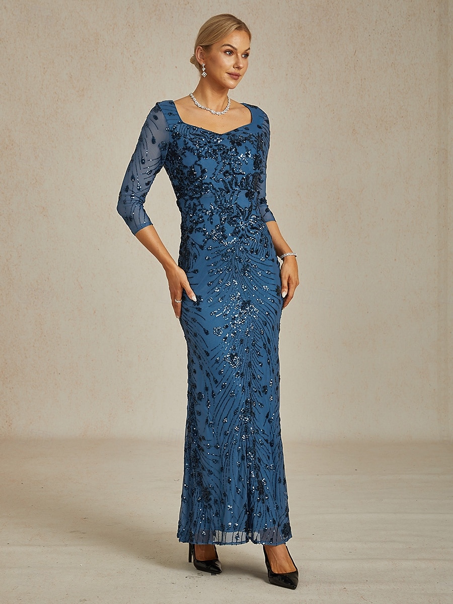 Damen Pailletten Maxikleid Etuikleid Trompete Meerjungfrau Kleid Bodycon Kleid Elegant Formal Cocktailabend Feier Floral 3/4 Länge Ärmel V-Ausschnitt Pfauenblau Frühling Herbst Winter 2025 - $199.99 –P8