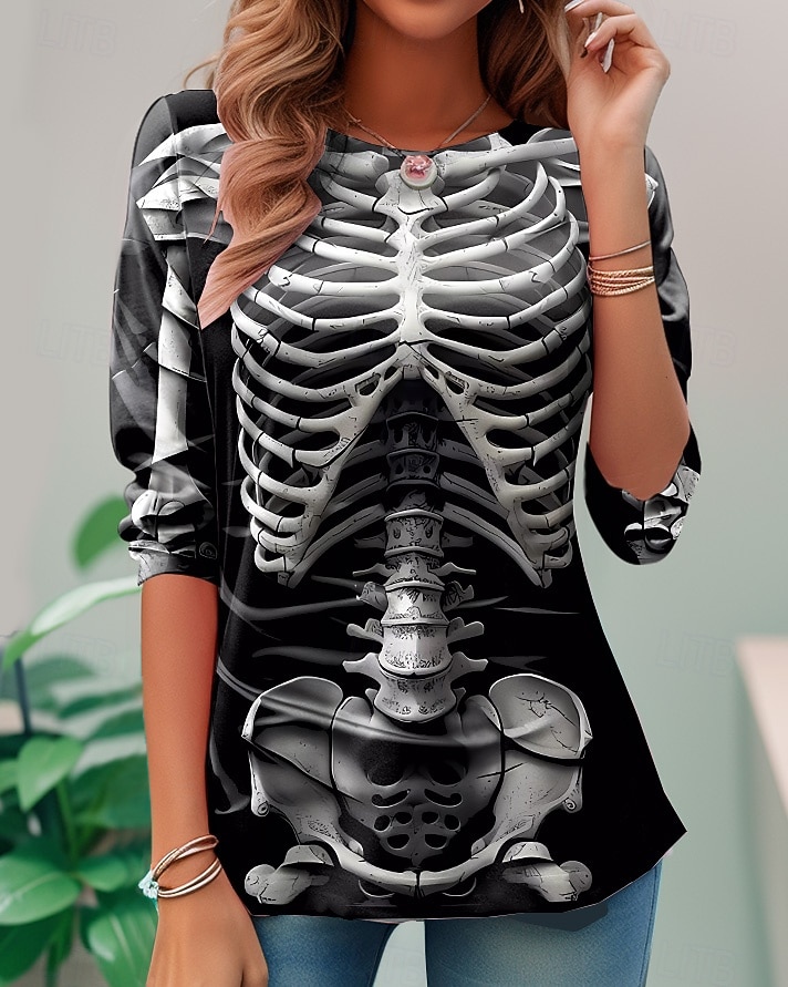 Damen T-Shirt Skeleton Schädel Grafik Skelett Vintage Mode Stylisch Langarm Rundhals Reguläre Oberteile Täglich Wochenende Druck Schwarz Wein Dunkelgrau Sommer Frühling Herbst 2026 - $24.99 –P1