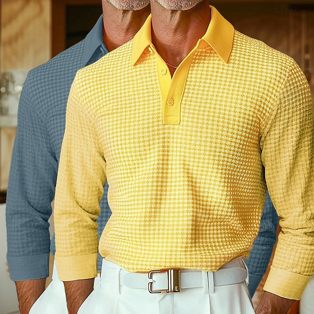 Herren Waffel-Poloshirts Golfshirt Langarm Kragen Revers Frühling Herbst Ganzjahres Einfach Texture Basic Modern Lässig 2 teilig Knöpfe Straße Lässig Sport A B C Top T-Shirt für Herren 2025 - $40.99 –P8