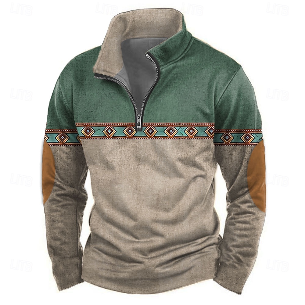 Herren Stammes Pullover Ethnisch Vintage-Retro Langarm Hoher Ausschnitt Outdoor Sport im Freien Blau Grün Khaki Reißverschluss Viertel Postleitzahl Herbst Winter Designer S M L XL XXL 3XL 2026 - $30.99 –P1