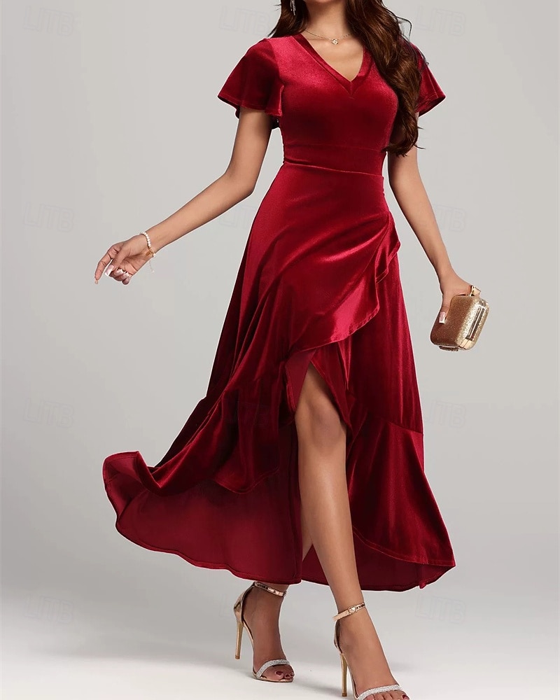 Women's Midi Dress Christmas Dress Velvet Dress Cocktail Dress Elegant Fashion Modern Daily Outdoor Evening Party Regular Fit Plain Short Sleeve V Neck Black Red Purple Spring Autumn 2026 - $34.99 –P2