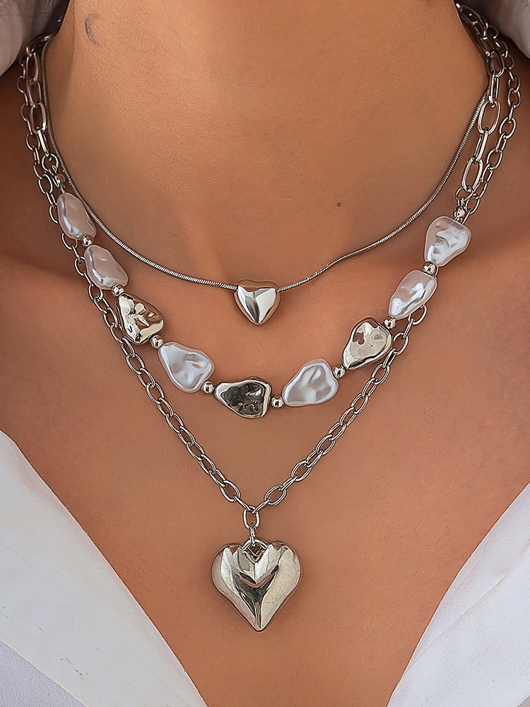 Damen-Mehrfachkette mit Herzanhänger – goldenes Kettenhalsband mit Perlenakzenten, Modeschmuck für Partys, Verabredungen und den Alltag 2025 - $9.99 –P3