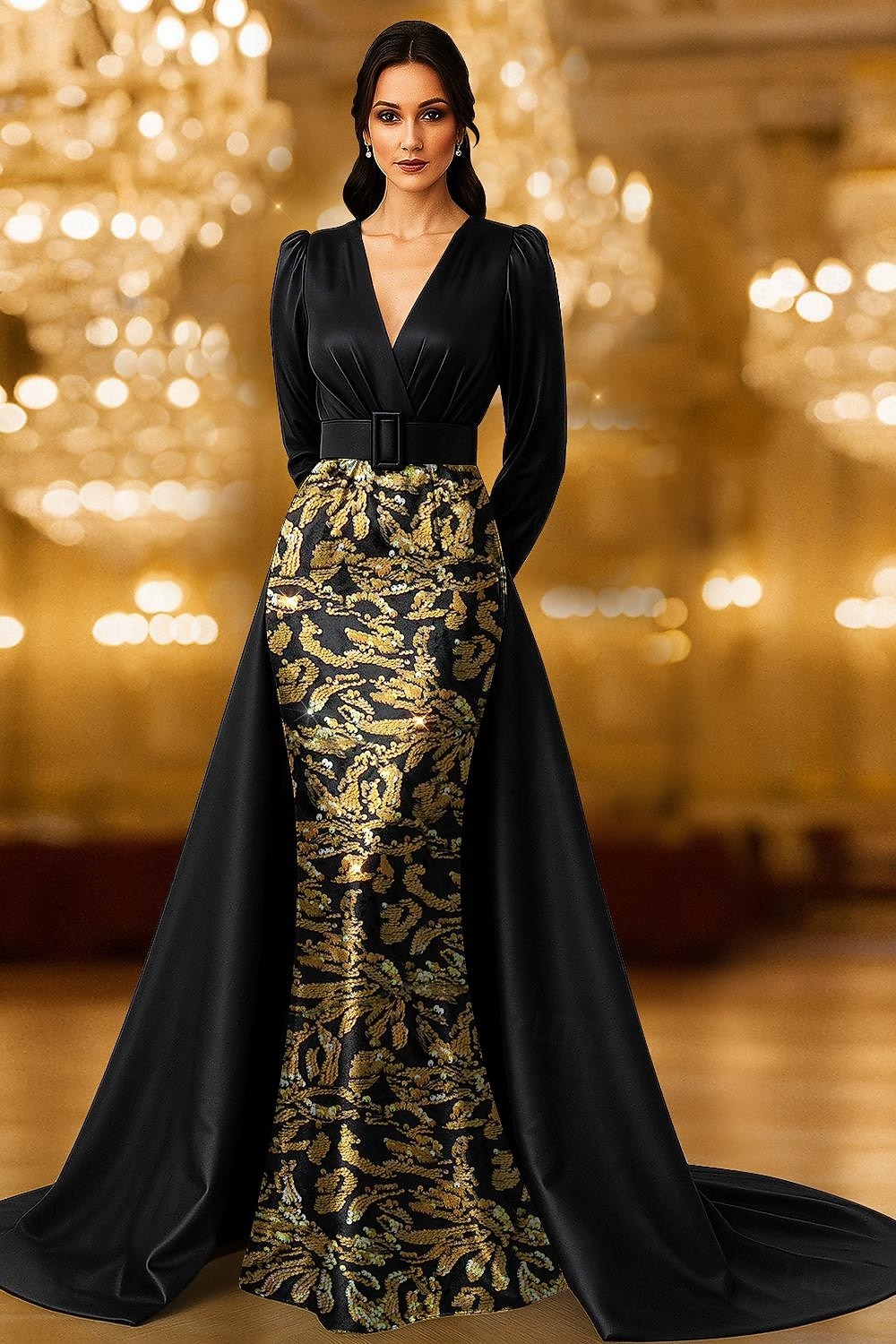 fekete arany kék A-vonalú estélyi ruha elegáns hivatalos ruha hivatalos esküvői földig érő, félujjas, inggallérral, szatén, hasított hímzéses applikációkkal 2025 2025 - $164.99 –P1