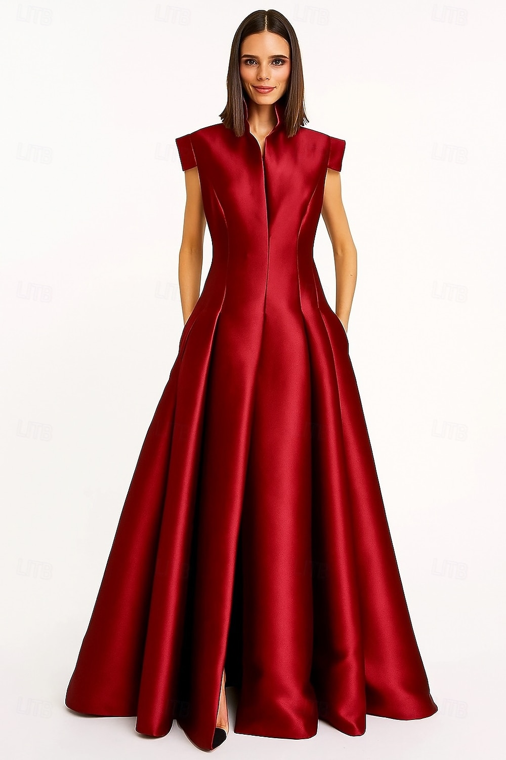 Black Red A-Line Evening Gown Elegant Formal Dress Formal Wedding Floor Length Short Sleeve Queen Anne Pocket Satin with Pocket 2025 2025 - $139.99 –P2