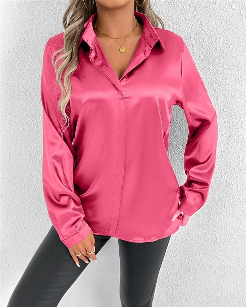 Per donna Camicia Camicia in raso Tinta unica Elegante Casual Manica Lunga Colletto a Camicia Top Regolari Quotidiano Uscire Bottoni Rosa Viola Verde Primavera Autunno del 2025 a $16.99 –P15