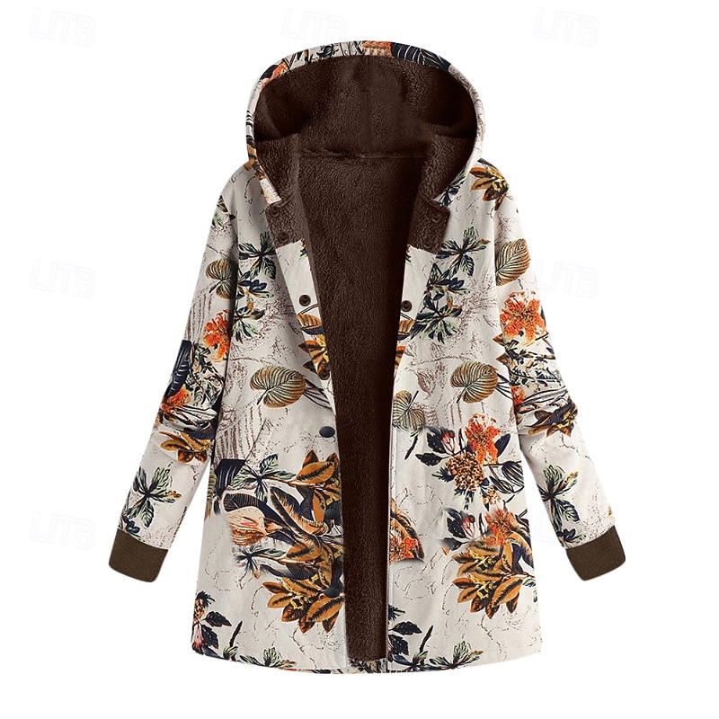 Damen Wintermantel Mantel Kapuzenjacke Warm Bequem Tasche Knöpfe Lässig Blumen Urlaub Ausgehen Wochenende Regulär Kapuzenpullover Normale Passform Langarm Oberbekleidung Weiß Gelb Rote Herbst Winter 2025 - $39.99 –P9